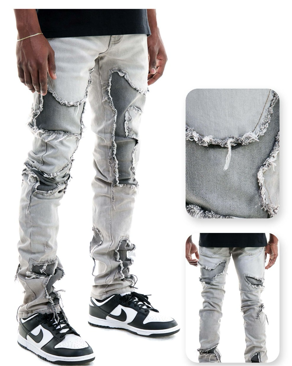 Grey patched jeans stacked skinny fit