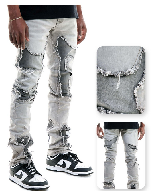 Grey patched jeans stacked skinny fit